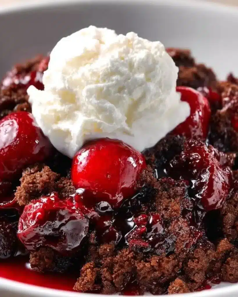 Easy chocolate cherry dump cake dessert topped with chocolate and cherries