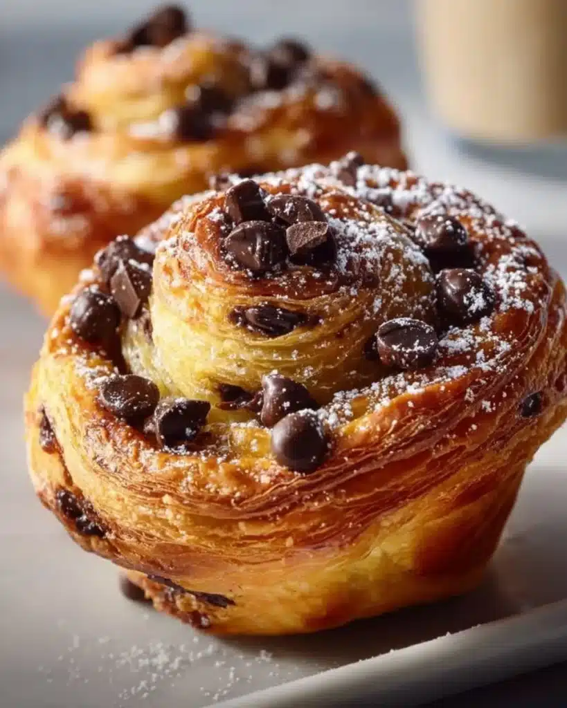 Freshly baked chocolate chip cruffins with melted chocolate chips