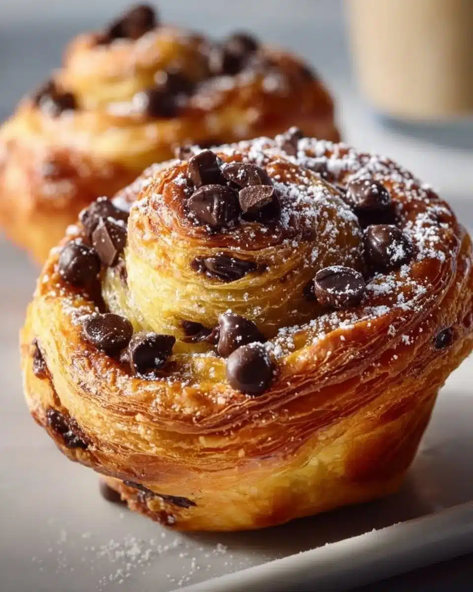 Freshly baked chocolate chip cruffins with melted chocolate chips