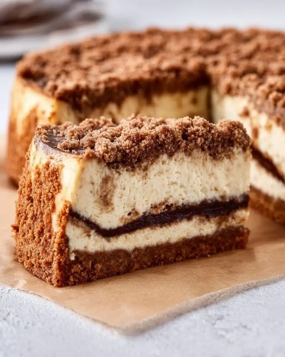 Delicious homemade Coffee Cake Cheesecake topped with a crumbly streusel.