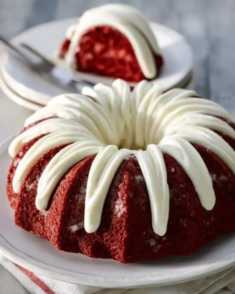 Delicious copycat Nothing Bundt red velvet cake with cream cheese frosting