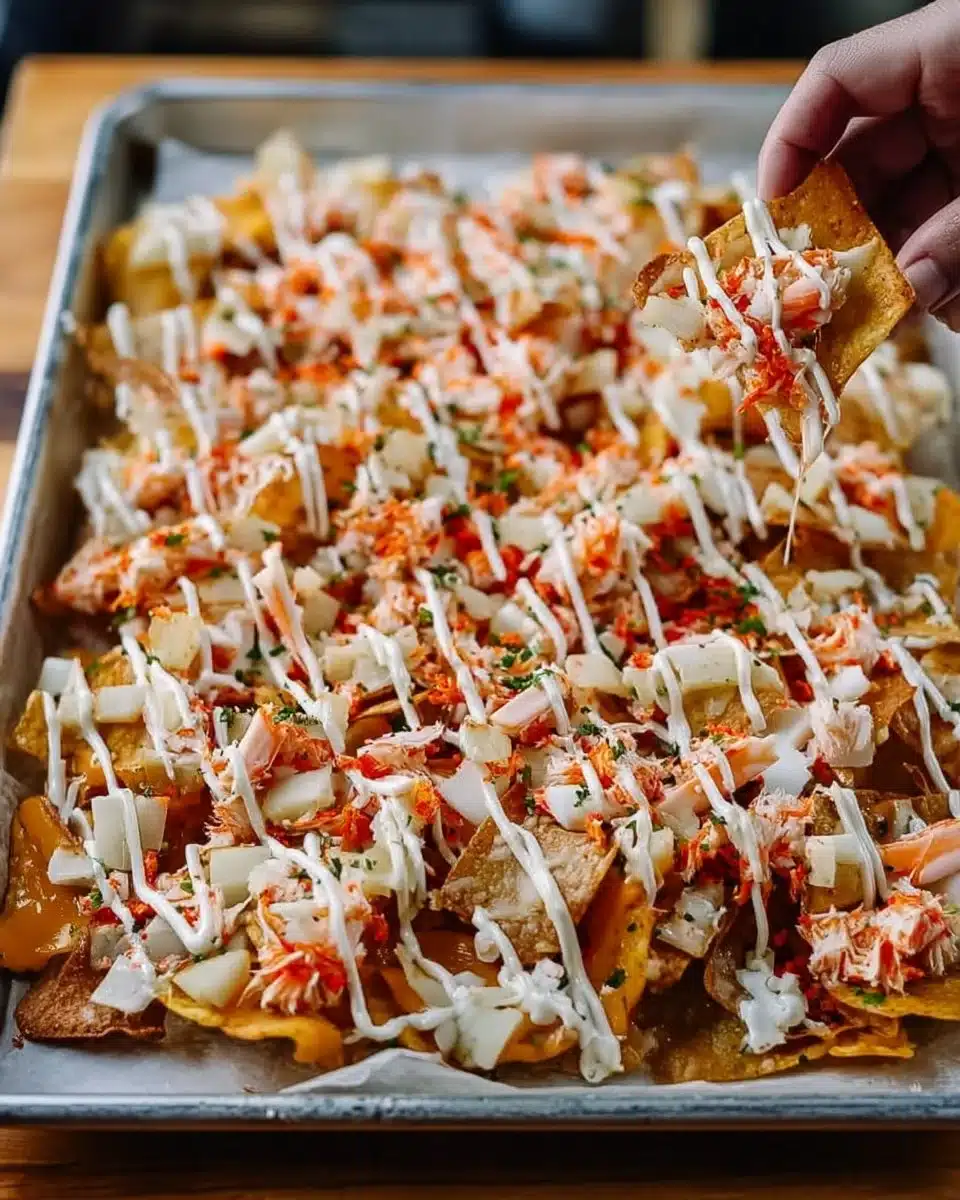 Delicious Crab Rangoon Nachos topped with creamy filling and crispy wonton chips