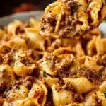 Creamy beef and shells dish garnished with herbs