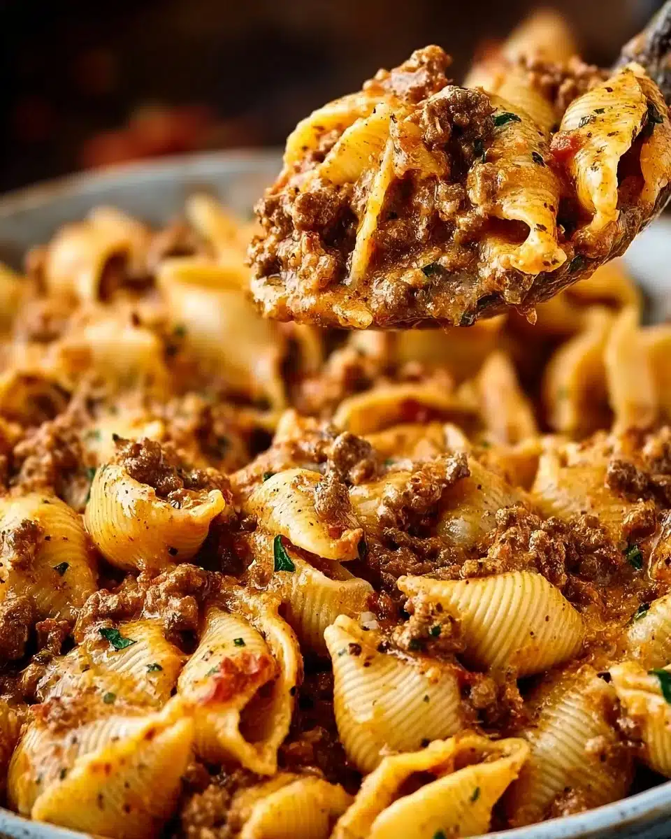 Creamy beef and shells dish garnished with herbs