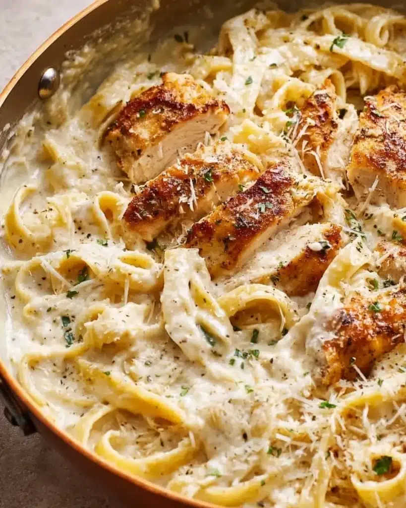 Creamy Chicken Fettuccine Alfredo with tender chicken and Alfredo sauce