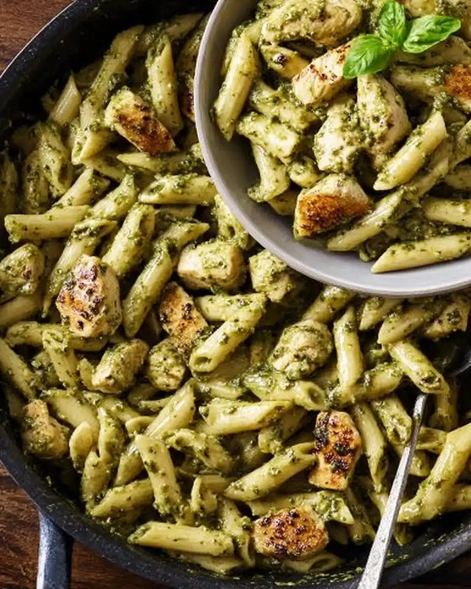 Creamy chicken pesto pasta dish with fresh ingredients and vibrant colors.