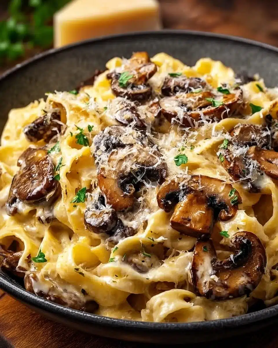 Creamy mushroom gruyere pasta served in a bowl, ideal comfort food dish.