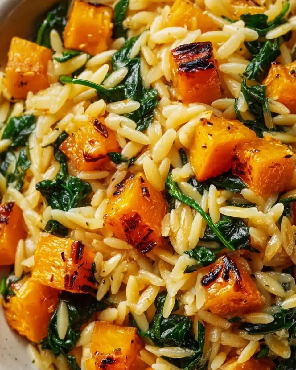Creamy orzo dish featuring roasted butternut squash and spinach, garnished beautifully.