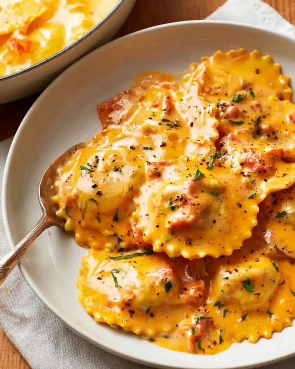 A bowl of creamy ravioli sauce garnished with herbs and served with ravioli pasta.