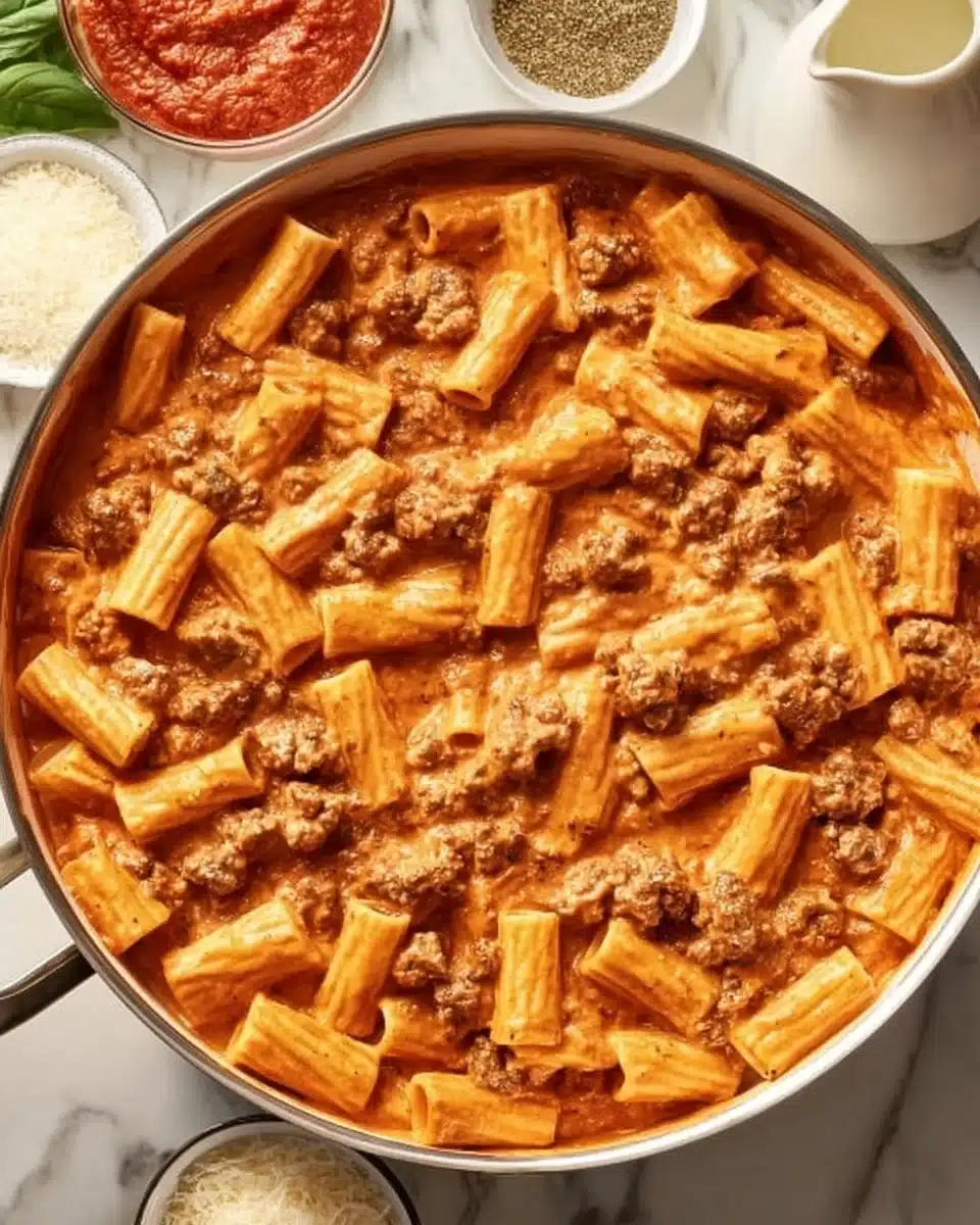 Creamy sausage rigatoni pasta garnished with herbs in a bowl