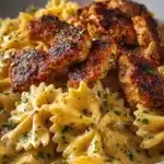 Delicious garlic butter chicken served with bowtie pasta in a creamy sauce