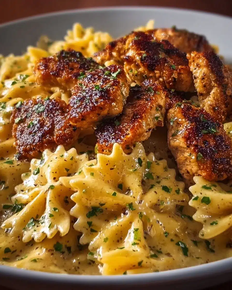 Delicious garlic butter chicken served with bowtie pasta in a creamy sauce