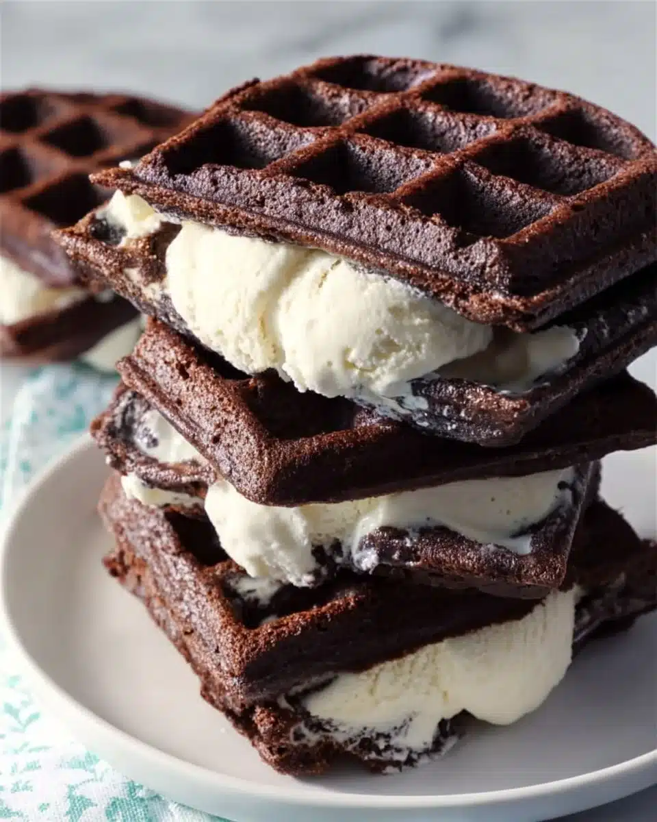Delicious brownie waffle ice cream sandwiches stacked together