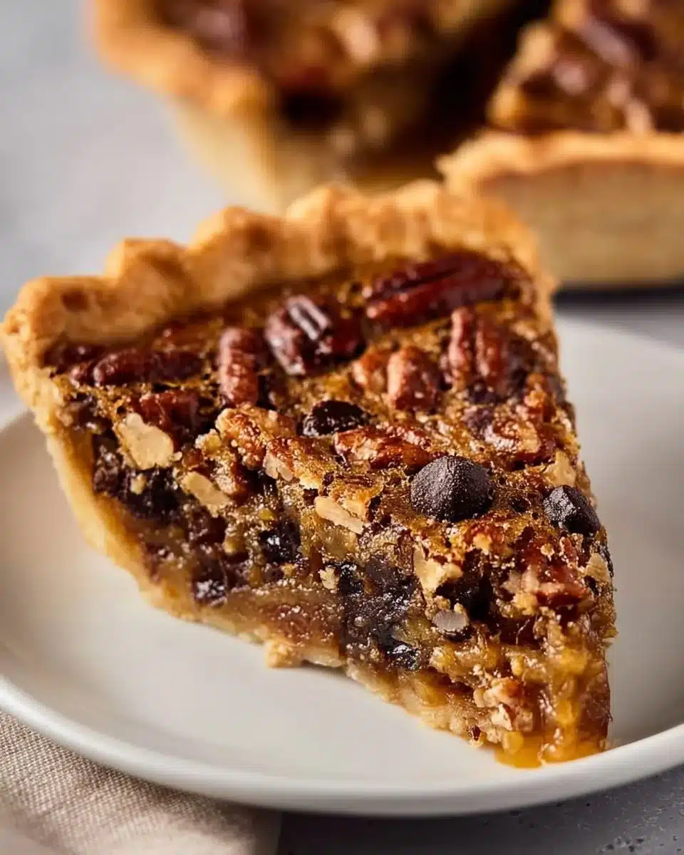 Delicious chocolate pecan pie served on a plate, topped with whipped cream