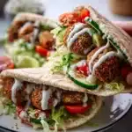 Delicious falafel pita sandwich with fresh vegetables and sauces