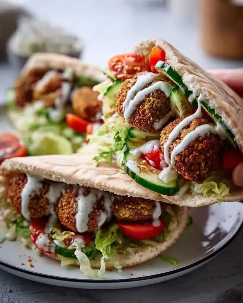 Delicious falafel pita sandwich with fresh vegetables and sauces