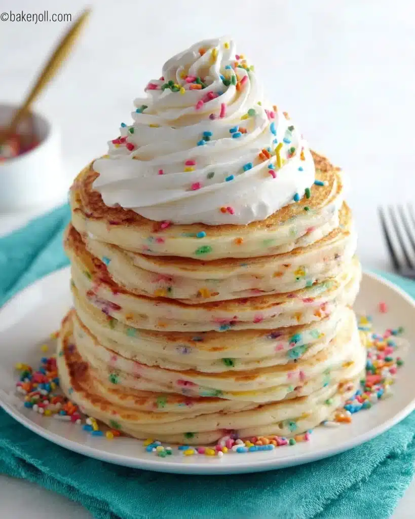 Fluffy funfetti cake batter pancakes topped with sprinkles on a plate