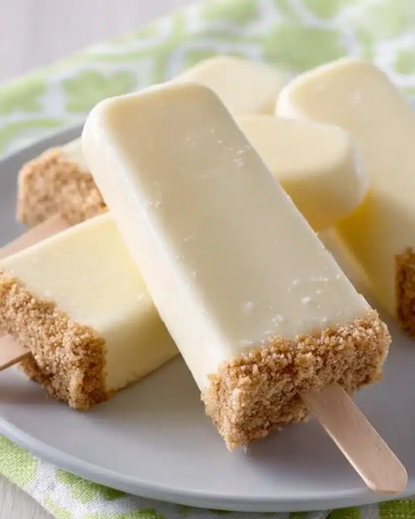 Frozen cheesecake pops on a stick, perfect for a refreshing dessert.