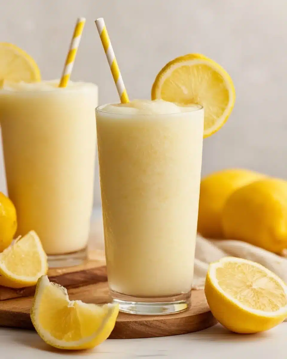 A refreshing glass of frozen lemonade with ice and lemon slices