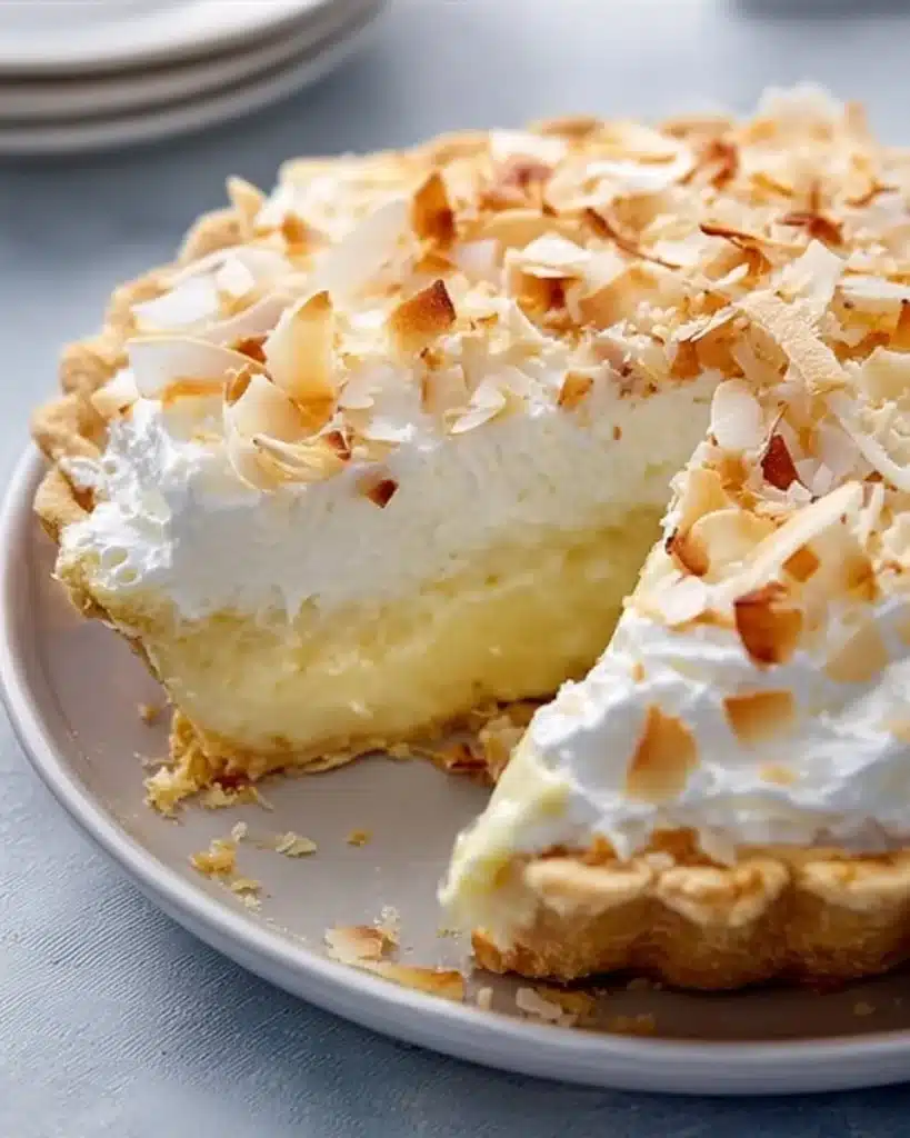 Delicious slice of Grandma's Coconut Cream Pie topped with whipped cream