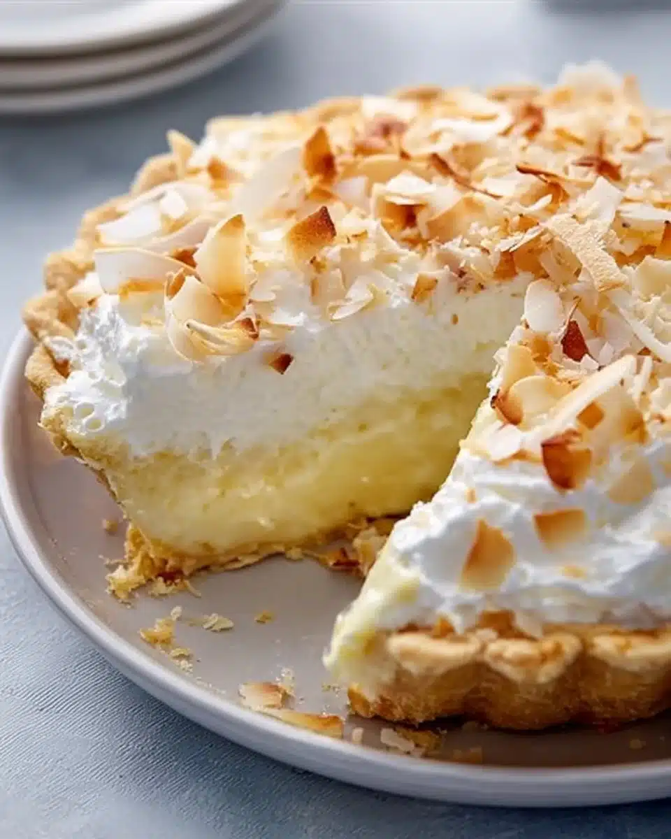Delicious slice of Grandma's Coconut Cream Pie topped with whipped cream