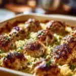 Greek chicken meatballs served with lemon orzo in a vibrant dish.