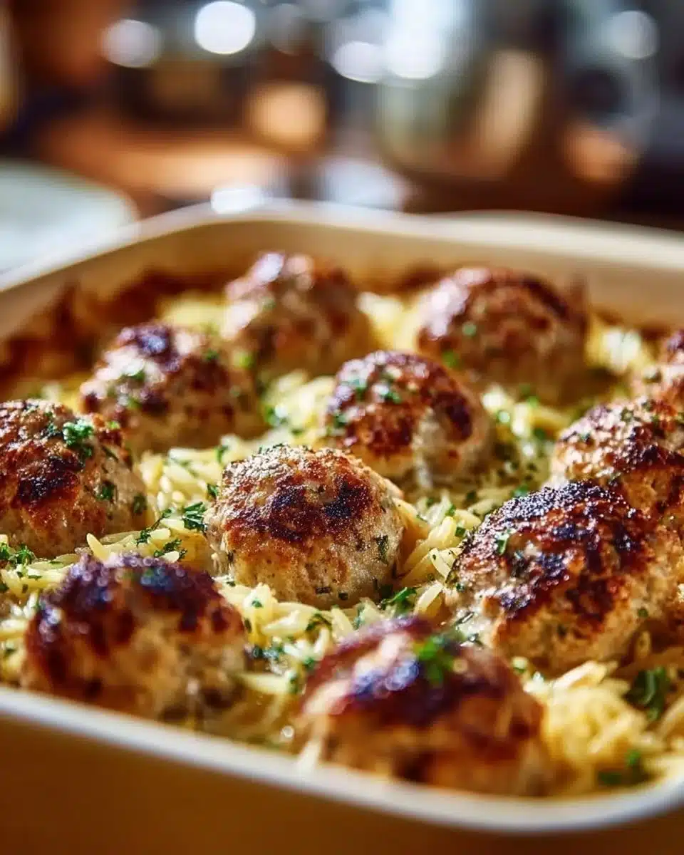 Greek chicken meatballs served with lemon orzo in a vibrant dish.