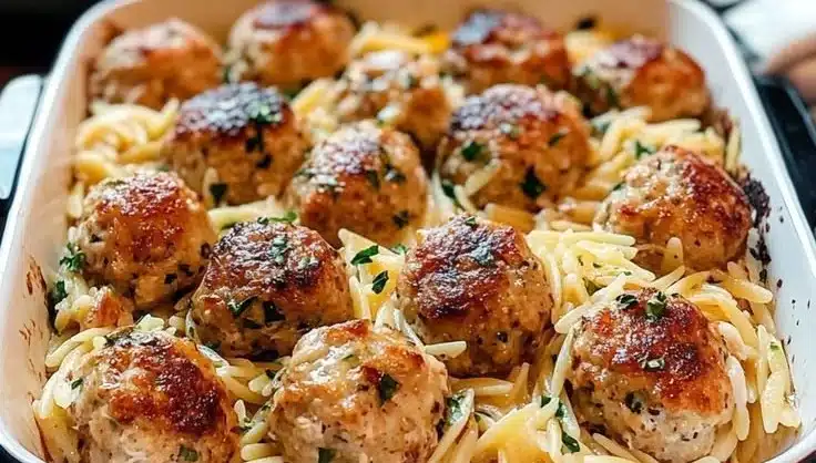Greek Chicken Meatballs with Lemon Orzo