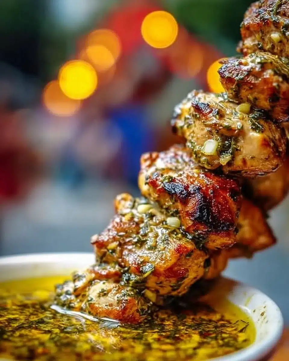 Delicious Greek Chicken Skewers grilled to perfection on a serving platter.