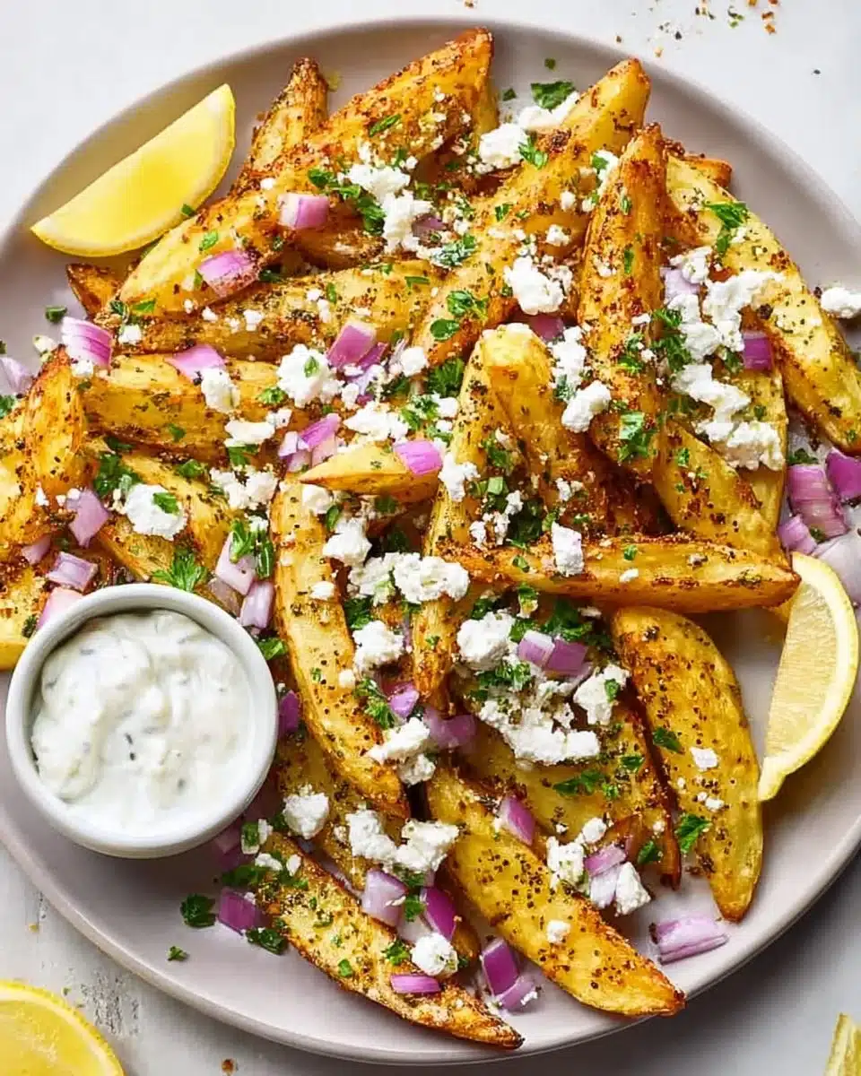 Plate of Greek fries topped with feta cheese and herbs