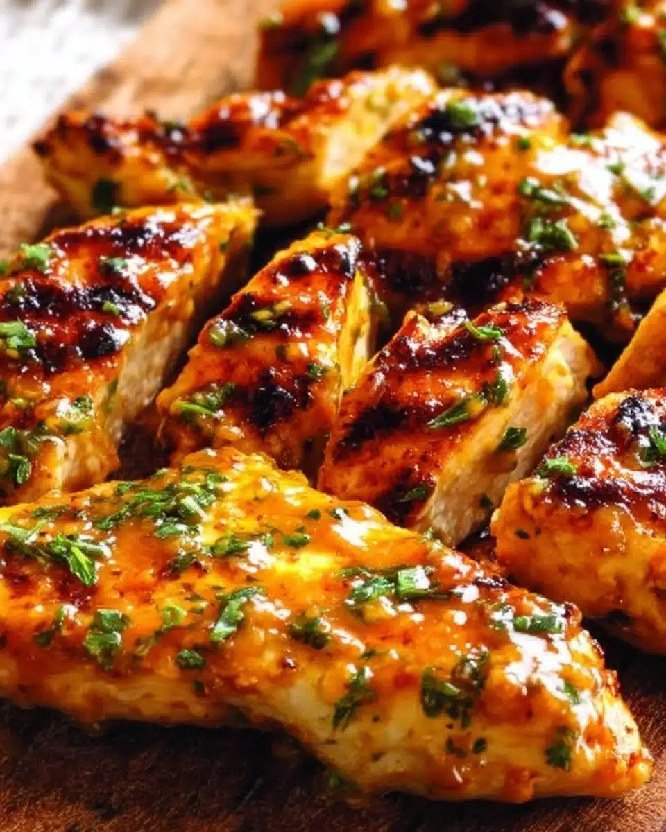 Grilled honey mustard chicken marinated and served on a plate with garnish