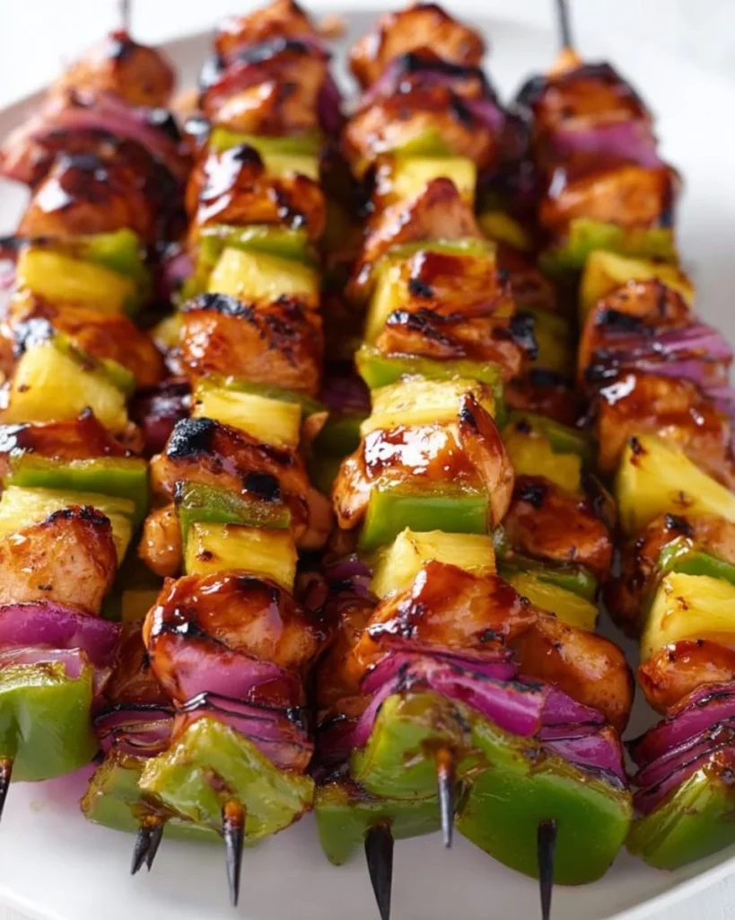 Grilled Hawaiian Chicken Kebabs with colorful vegetables on skewers