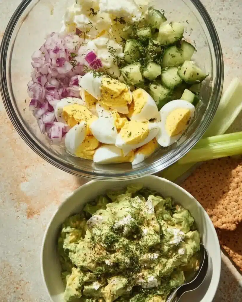 Herby avocado egg salad served in a bowl, ready for a nutritious meal.