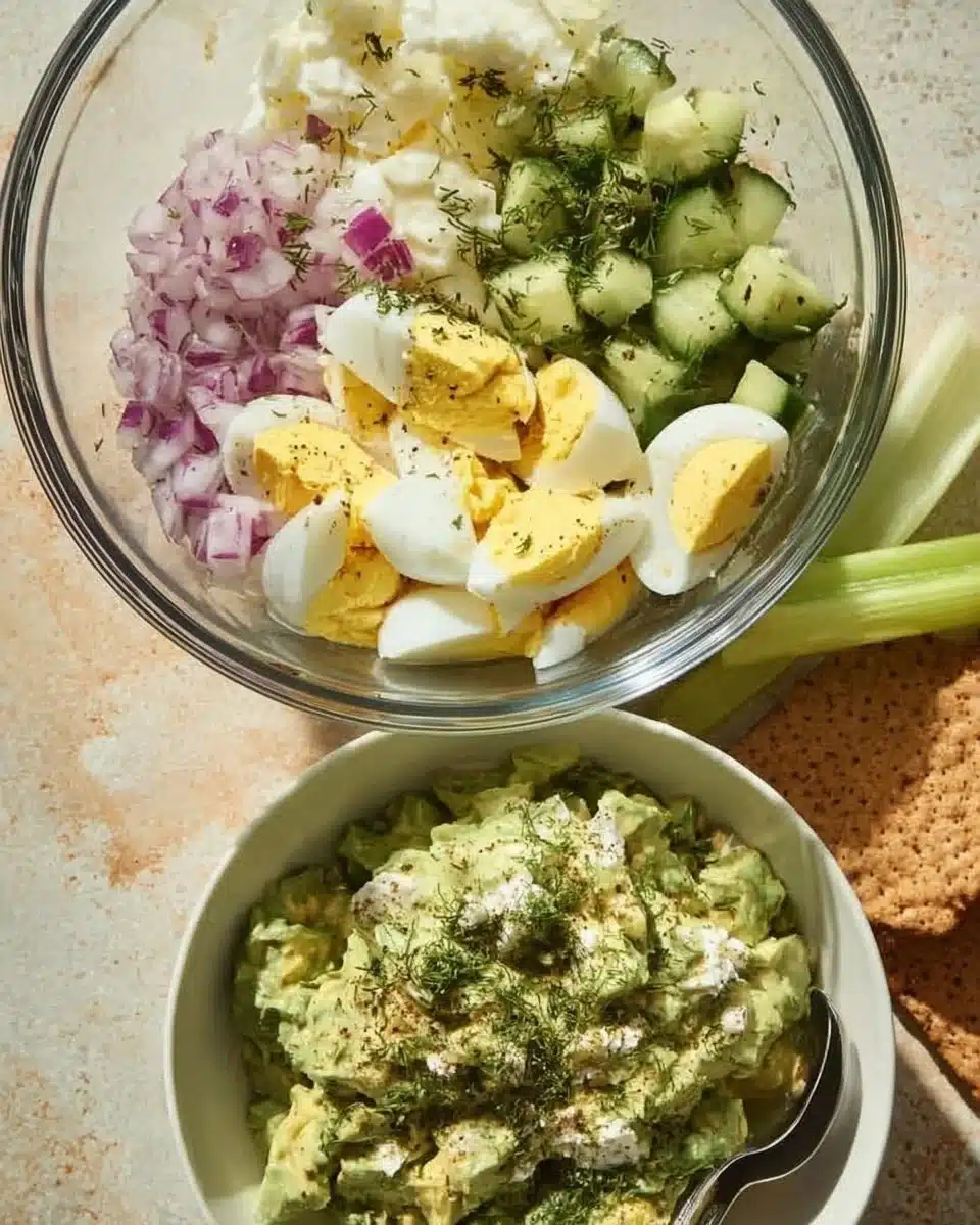 Herby avocado egg salad served in a bowl, ready for a nutritious meal.