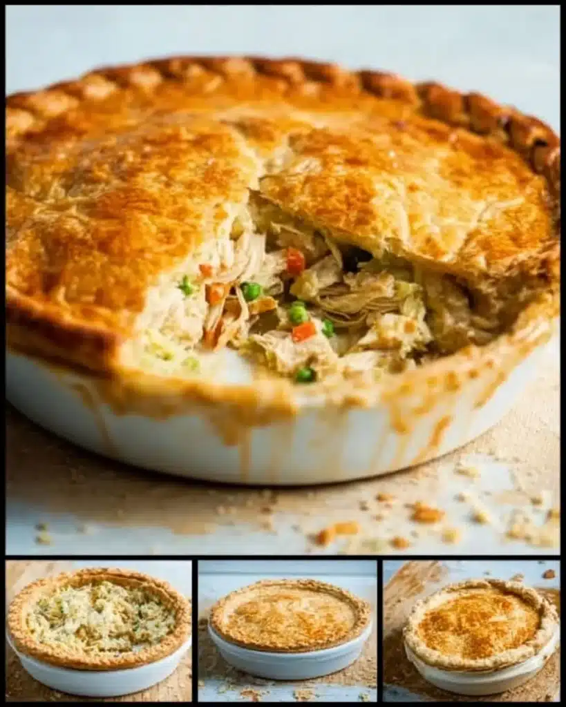 Homemade chicken pot pie with flaky crust and chicken filling