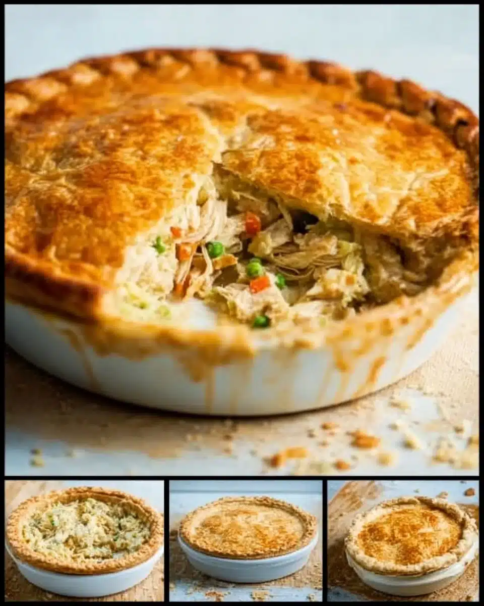 Homemade chicken pot pie with flaky crust and chicken filling