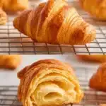 Freshly baked homemade croissants on a wooden table