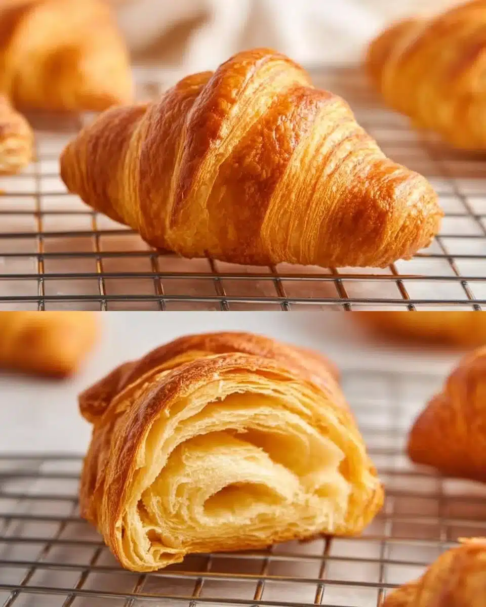 Freshly baked homemade croissants on a wooden table