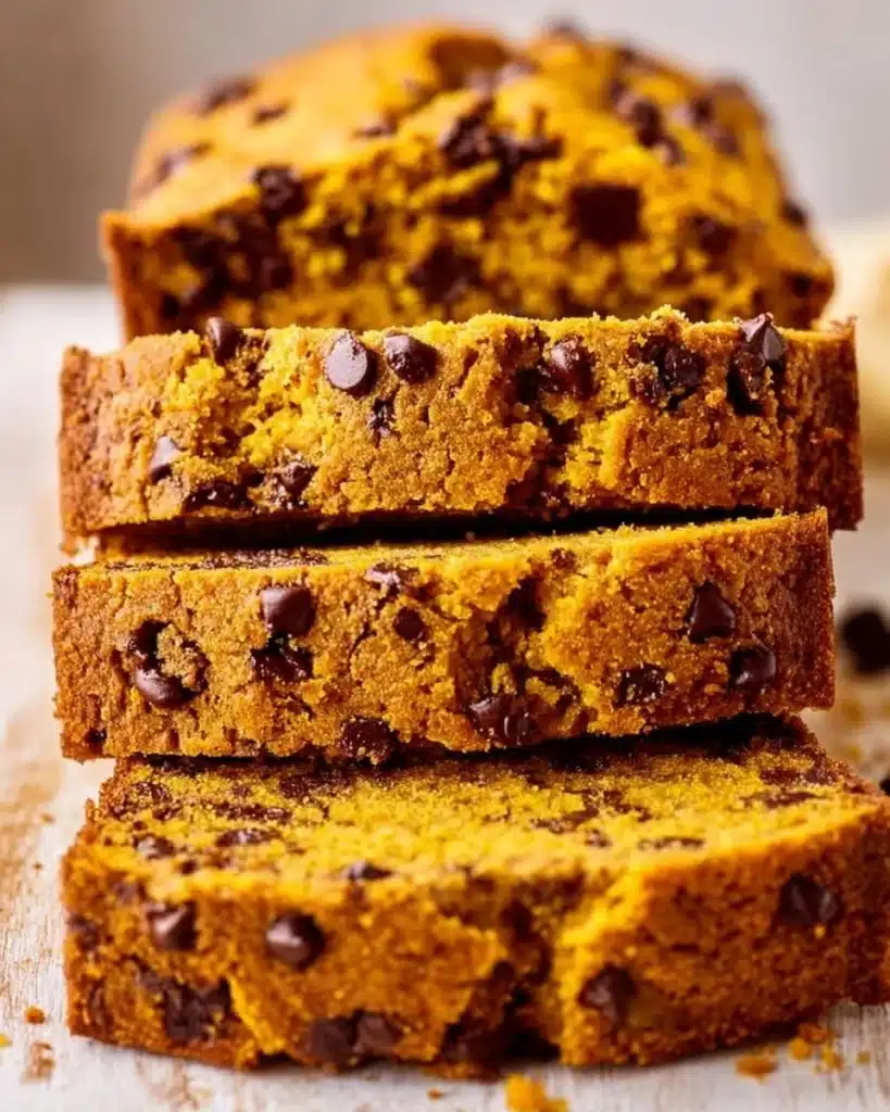 Loaf of homemade pumpkin chocolate chip bread with chocolate chips on top.