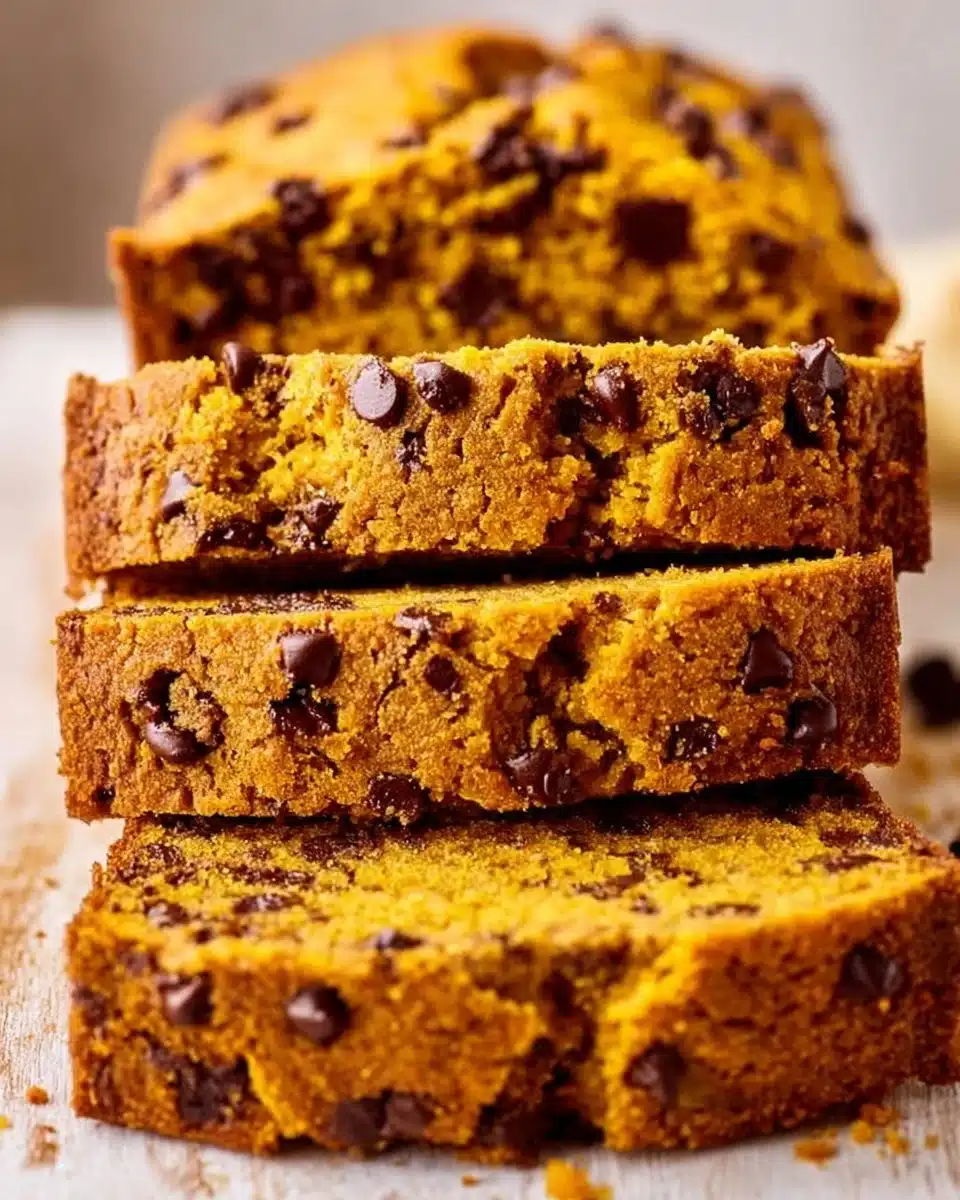 Loaf of homemade pumpkin chocolate chip bread with chocolate chips on top.