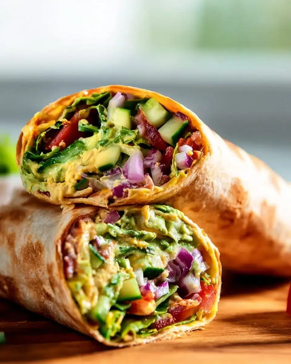 Delicious hummus veggie wrap with fresh vegetables on a plate