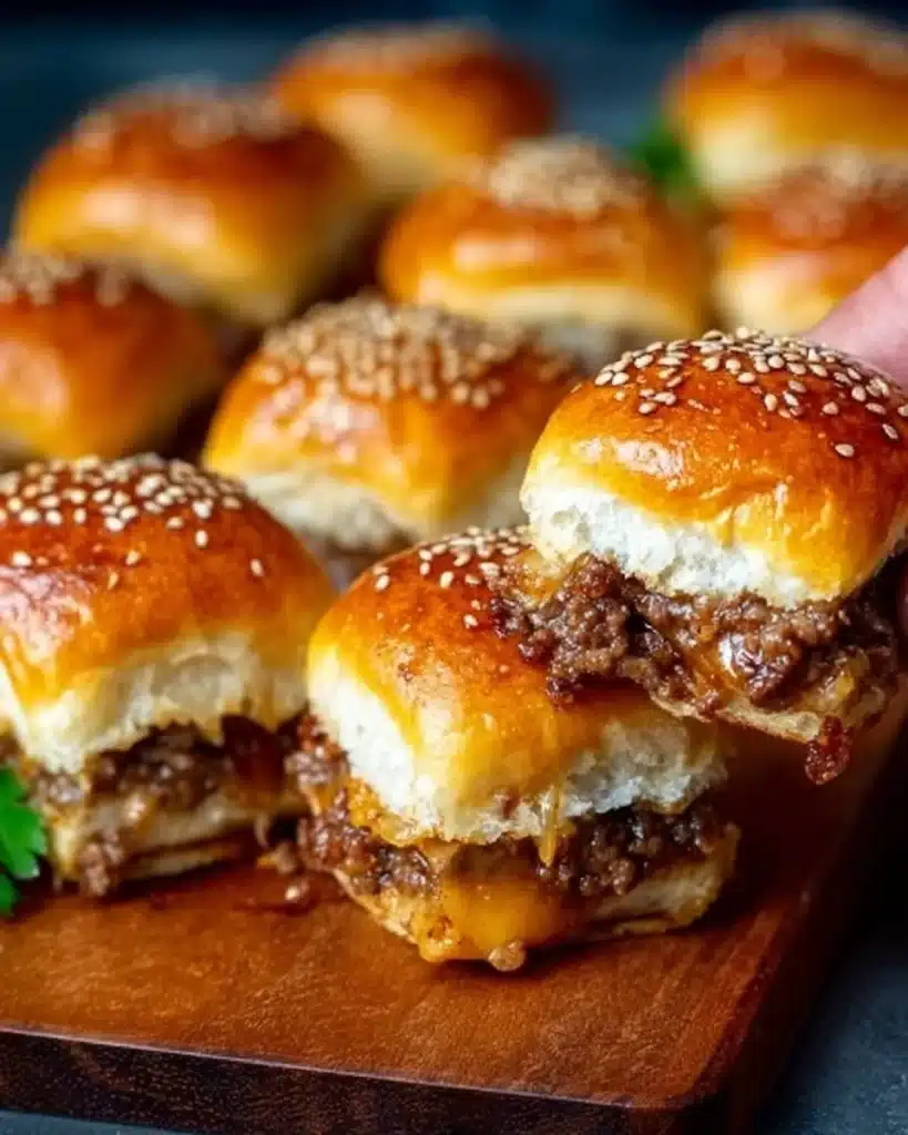 Delicious homemade juicy cheeseburger sliders served on a platter.
