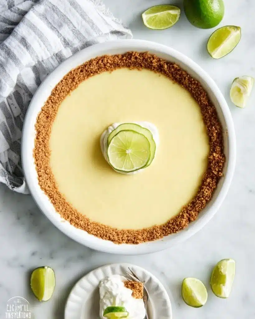 Delicious homemade Key Lime Pie with a golden crust and lime slices on top.