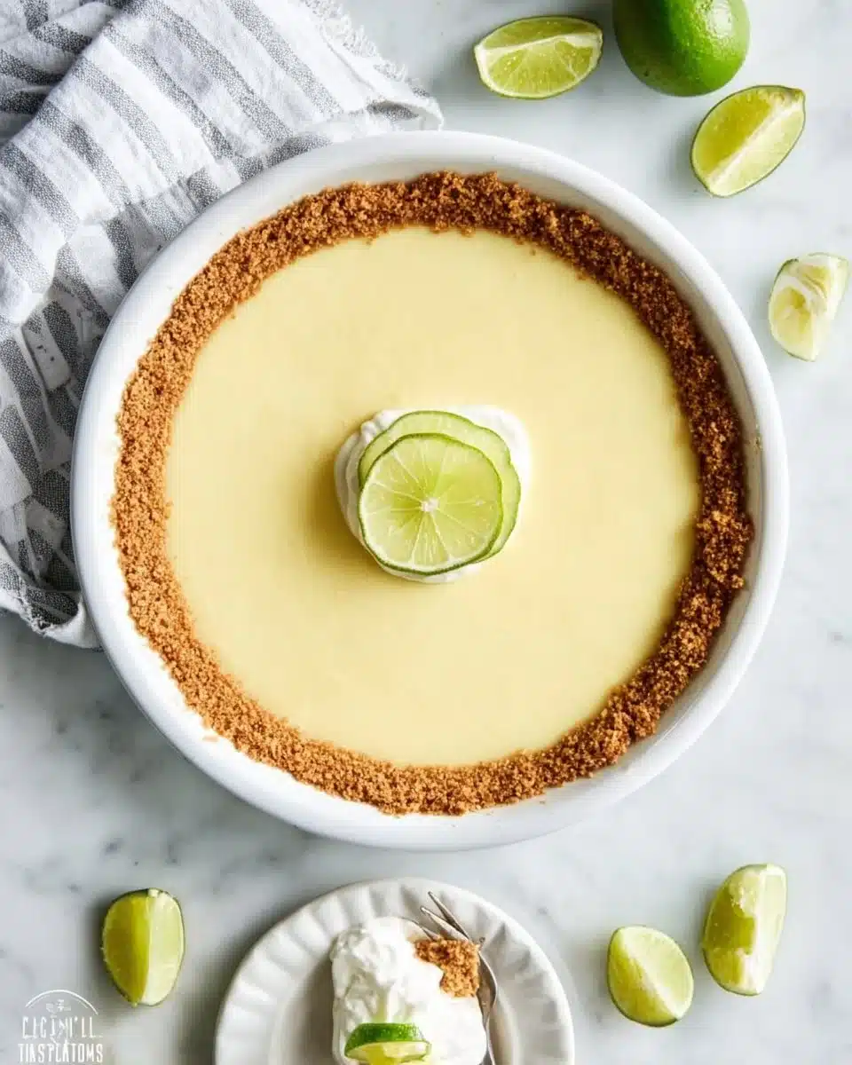 Delicious homemade Key Lime Pie with a golden crust and lime slices on top.