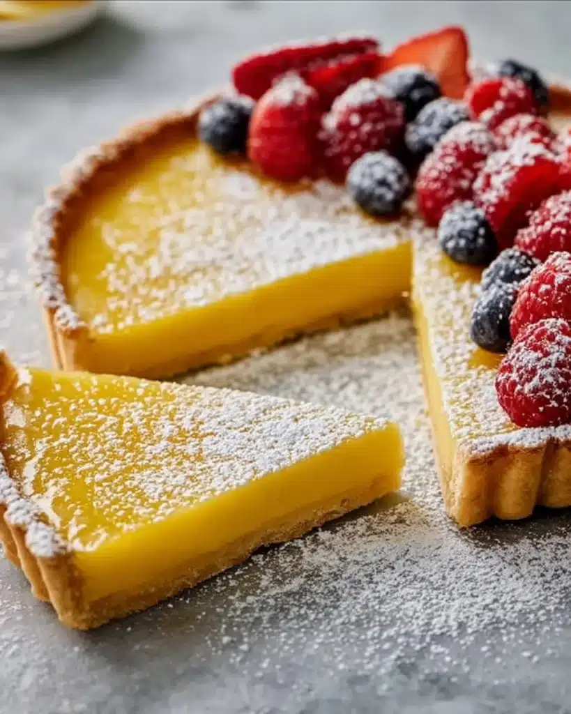 Delicious lemon tart with a golden crust and vibrant yellow filling