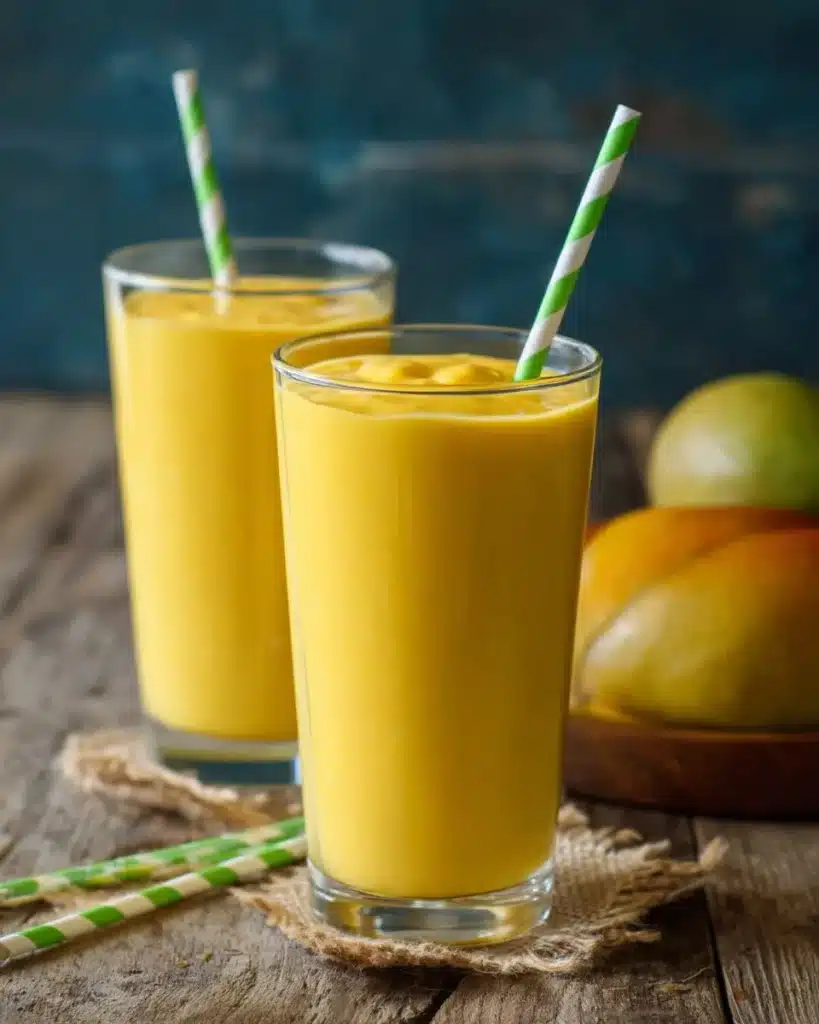 Delicious mango lassi in a glass, garnished with mango slices and mint leaves.