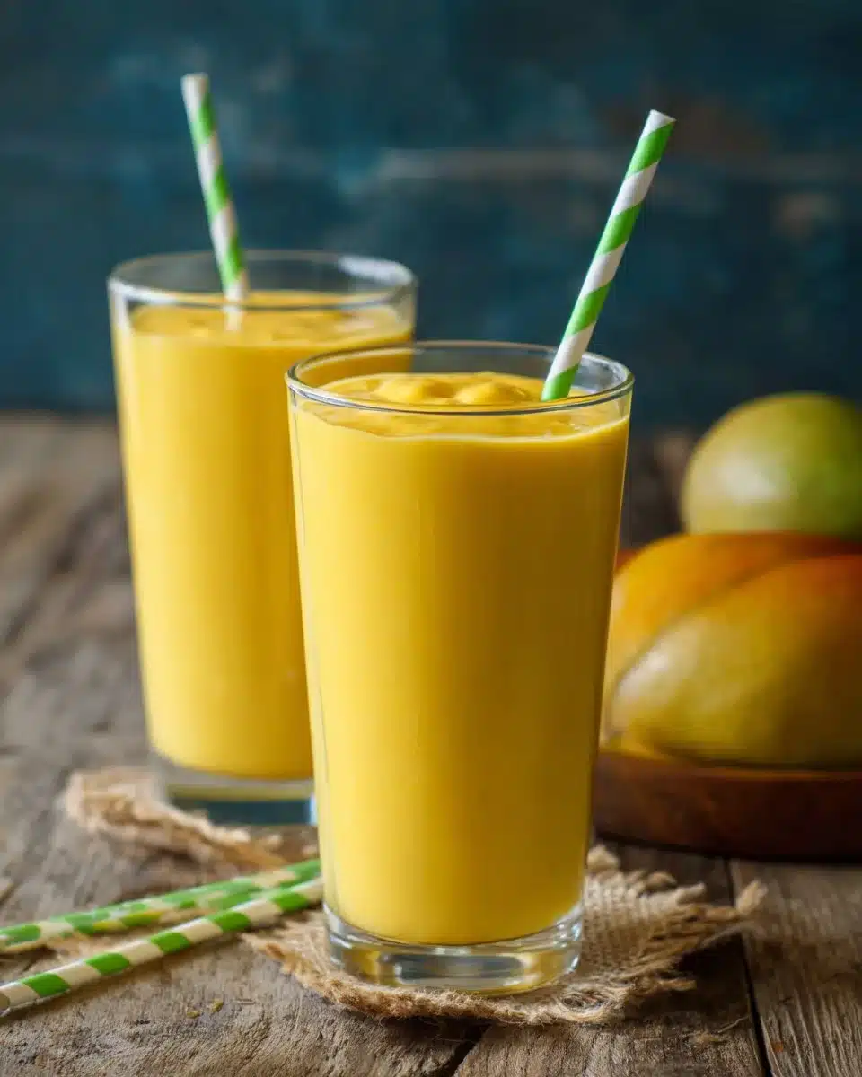 Delicious mango lassi in a glass, garnished with mango slices and mint leaves.