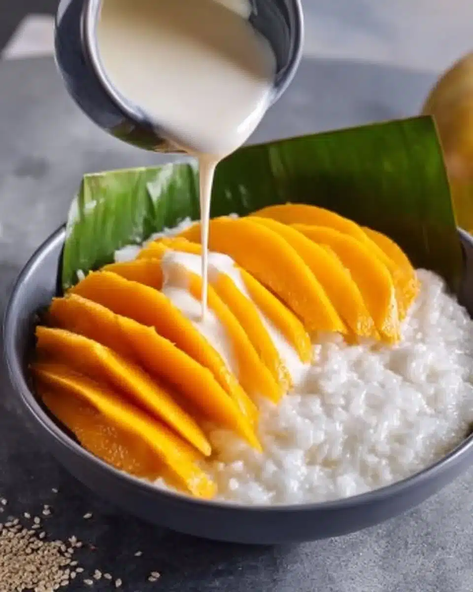 Delicious serving of Mango Sticky Rice topped with fresh mango slices
