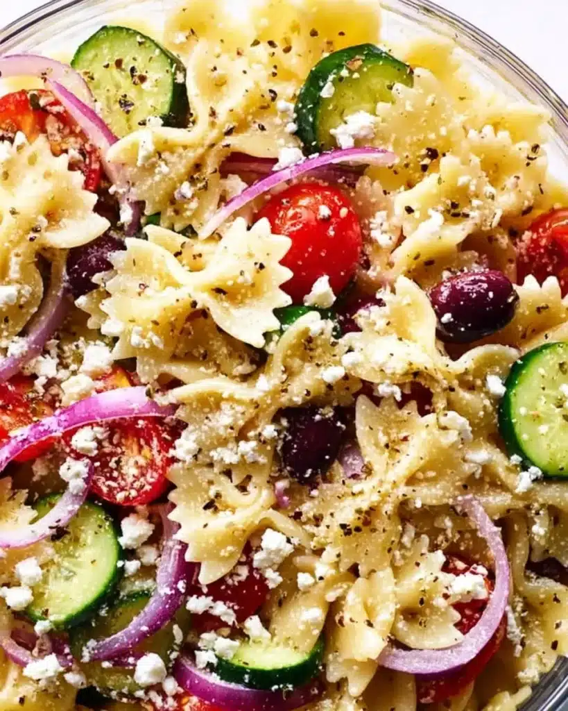 A vibrant Mediterranean Pasta Salad with colorful veggies and herbs