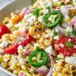 Colorful Mexican corn salad with fresh ingredients and vibrant spices.